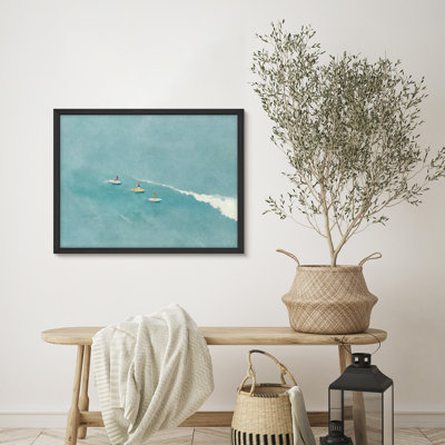 Surfers on Ocean Wave Framed Wall Art Print, Coastal Beach Theme for Bathroom or Vacation Home
