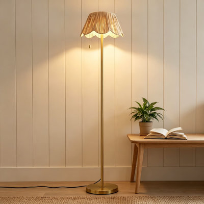 Boho Floor Lamp for Living Room, 65 Inch Tall Rattan Standing Lamp with Hand-Woven Shade, Pull Chain Switch, Gold Metal Base and Pole, Farmhouse Floor Lamp for Bedroom, Nursery, Office, Bulb Not Included