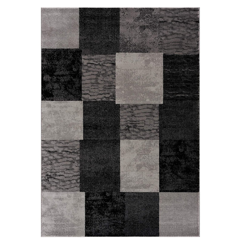 Tapis géométrique lavable antidérapant gris et noir 2 pi x 3 pi