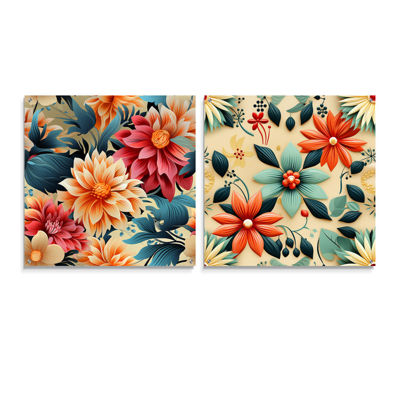 Rétro floral kaléidoscope Melody - ensemble d'art mural en acrylique sur verre floral, H 16 po x l 33 po