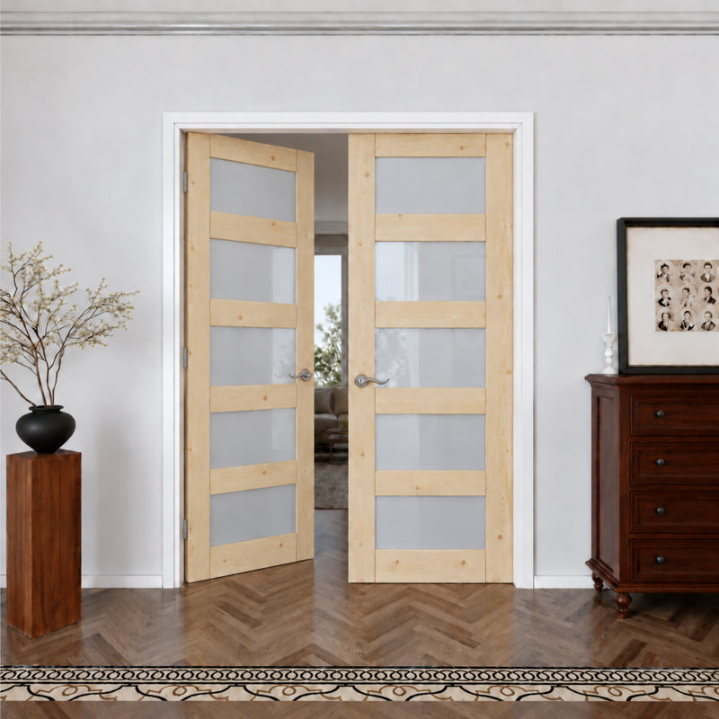 Porte intérieure à 5 carreaux en pin massif naturel et verre dépoli, style colonial, double porte-fenêtre, verre trempé certifié SGCC, cadre blanc et quincaillerie en nickel satiné - Poignée de porte avec serrure, loquet et charnières, non finie et à peindre, 183 cm x 203 cm