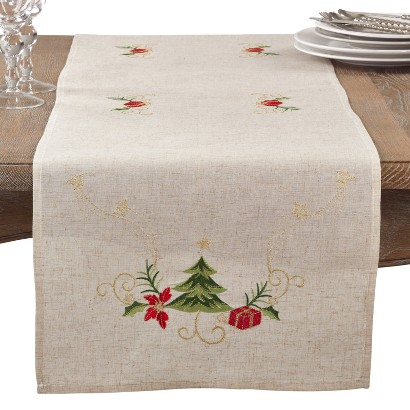 Embroidered Ornament Holiday Linen Blend Table Runner, 16" x 72"