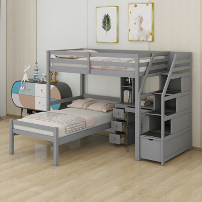 Lit mezzanine simple avec lit pour enfants garçons, filles, étudiant, escalier de rangement, bureau, tablettes et tiroirs