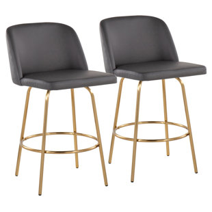 Toriano 26" Contemporary Fixed-Height Counter Stool With Swivel In Faux Leather And Gold Metal With Round Footrest - Set Of 2 (Set of 2)