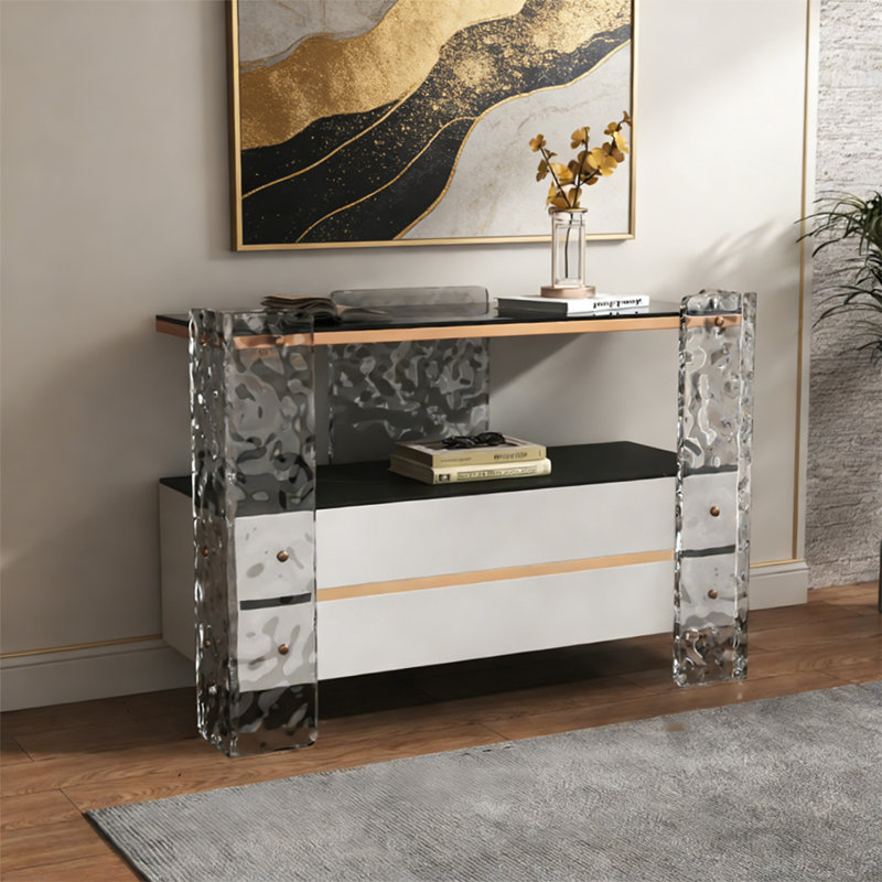 Console moderne à tiroirs en bois-acrylique, H 29,53 po x l 39,37 po x P 15,75 po, Blanc transparent/crème