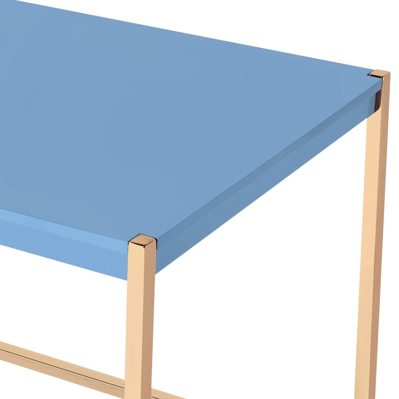 Navy Blue And Gold Office Desk With Ports Electrical Outlet Capabilities For Work Efficiency Enhancement Stylish Rectangular In Port Function