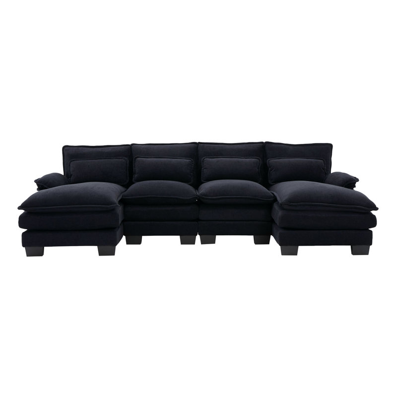 Chenille Sectional Sofa with Double Chaises, Black Chenille