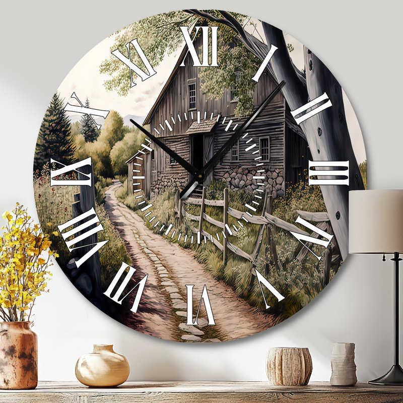 Horloge murale jaune avec grange jaune au printemps III, Grand