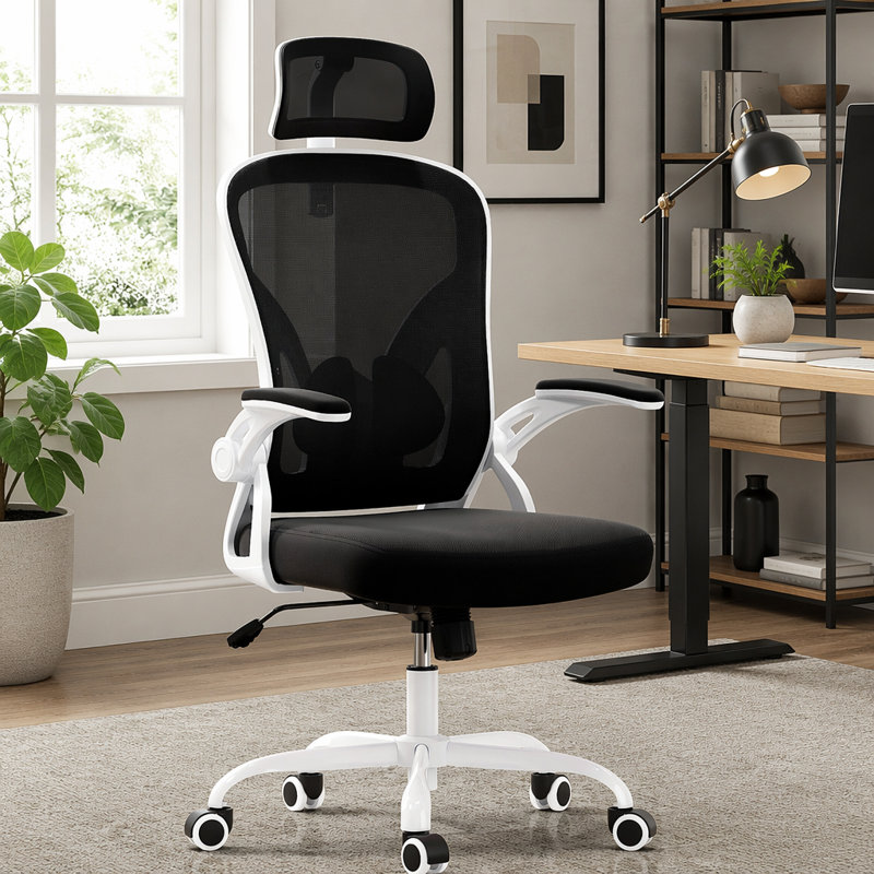 Fauteuil de bureau ergonomique en filet à haut dossier, appui-tête rotatif réglable et chaise de bureau de soutien lombaire vertical avec accoudoirs rabattables, fauteuil à bascule 90 ° à 120 ° pour salle de jeux de bureau