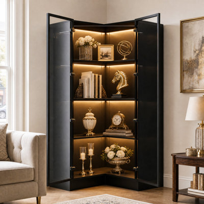 Vitrine d'angle de 160 cm de hauteur avec éclairage DEL tricolore, portes en verre trempé et rangement à 4 niveaux