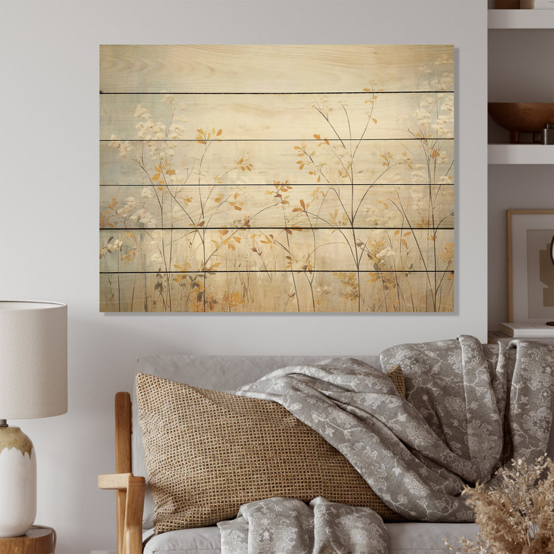 «Beige Herbs Minimal Harmony», art mural en bois sur bois de pin naturel, H 10 po x l 20 po