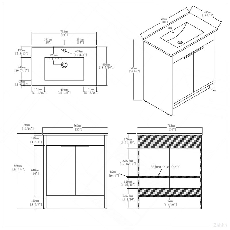 Meuble-lavabo autoportant de 30 po avec lavabo, tiroir en céramique, contreplaqué, gris, Grey