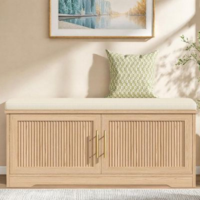 Banc de rangement à chaussures cannelé avec coussin, meuble à 2 niveaux avec tablette réglable et poignées dorées