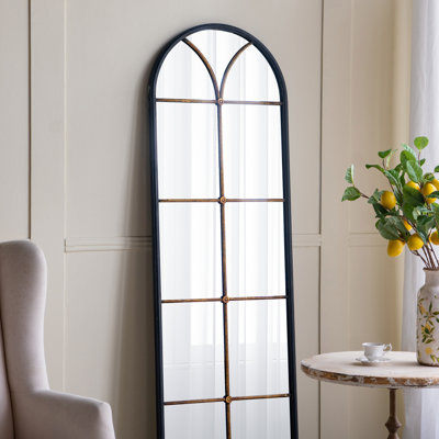 23.5X74.5" Arched Floor Mirror With Black And Gold Windowpane Design