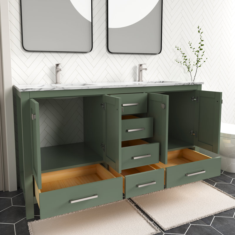 Meuble-lavabo autoportant 60 po Anvay en vert forêt avec comptoir en quartz de Carrare, Quartz - blanc de Carrare, Vert forêt