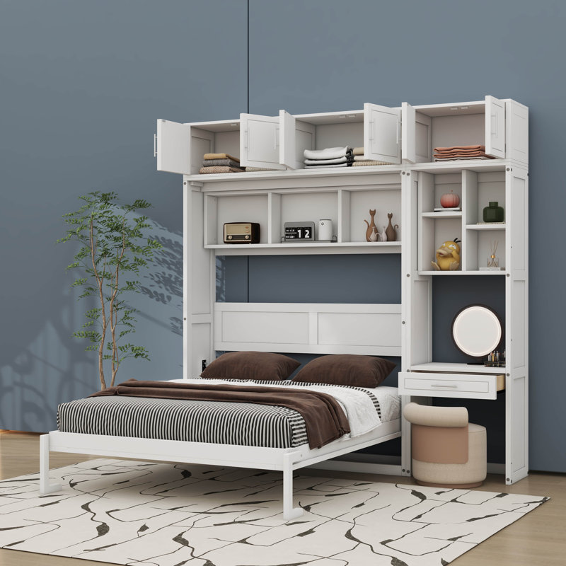 Lit escamotable mural Opulent combinant bureau, armoire supérieure et supports de rangement, Double, Blanc