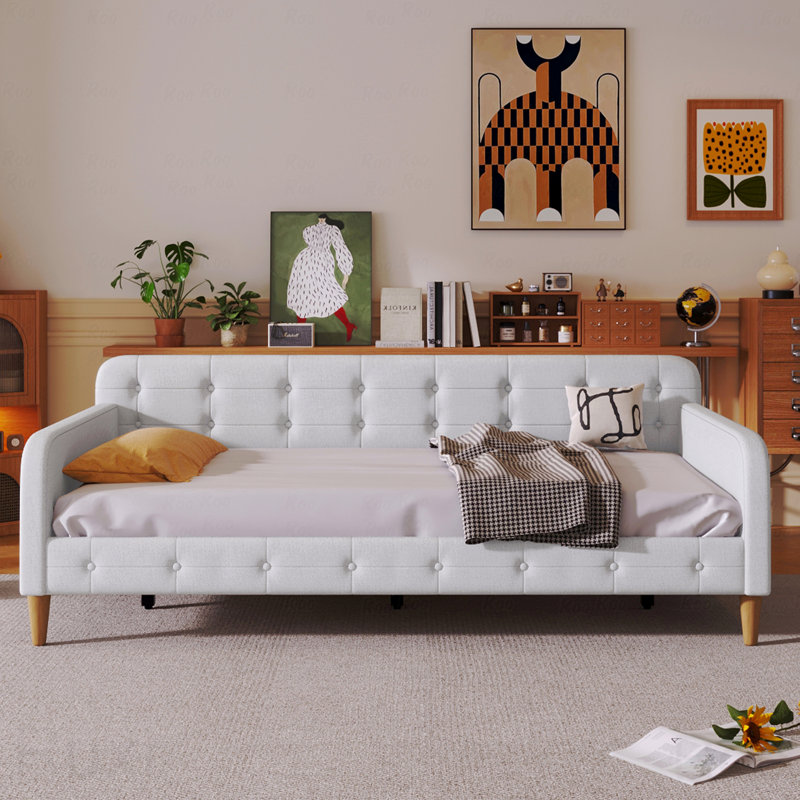 Twin Upholstered Daybed Frame, 4 Support Legs, Beige, Twin