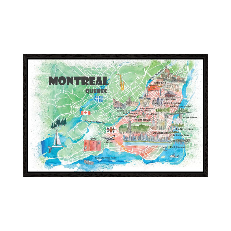 Montreal Quebec Canada Illustrated Map 1 Piece Painting on Canvas, 101.6cm H x 152.4cm W x 3.81cm D, Black Floater Framed