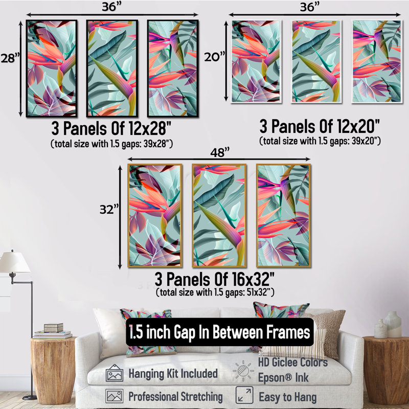 Fleurs tropicales rétro VI - 3 pièces, impression sur toile, Noir, H 32 po x l 48 po