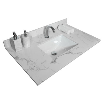 Plan de toilette en pierre reconstituée couleur marbre blanc de 79 cm (31 pouces) avec lavabo encastré en céramique, robinetterie simple et dosseret.