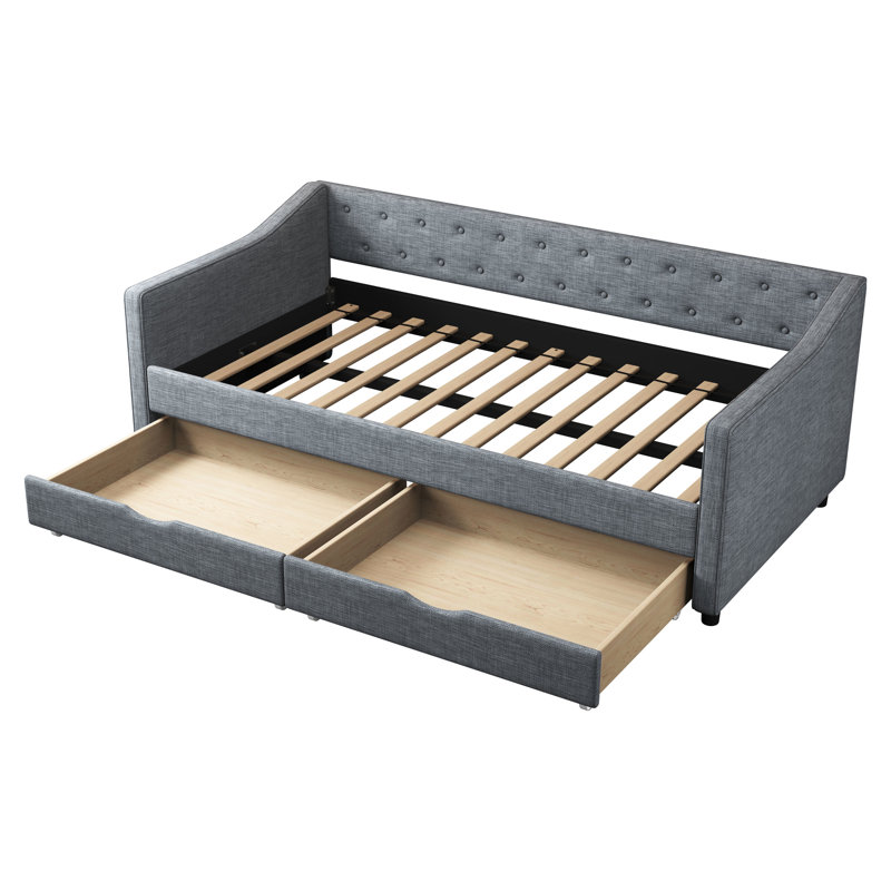 Grey Twin Size Daybed With Drawers, Upholstered Bed, Button - Adorned Back, Piped Waved Arms, High Density Foam Filler And Breathable Fabric, Engineered Wood Frame, Modern Style For Living Bed