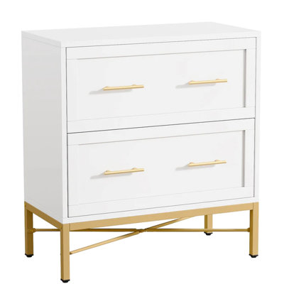 Office File Cabinet With Two Drawers, Clean White Finish, Golden Metal Handles, Adjustable Rails For Letter Legal A4 Files, Interlock System , Particleboard And Steel Construction Shiny Gold Legs,