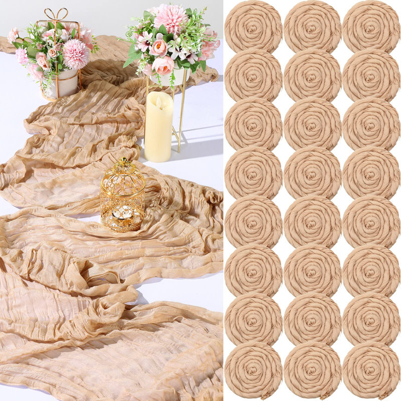 24 Pcs Spring Easter Champagne Cheesecloth Table Runner Bulk Boho Rustic Gauze Cheese Cloth Table Runner 120 Inch 10Ft Long Holiday Tablecloth For Wedding Baby Shower Decoration(Champagne)