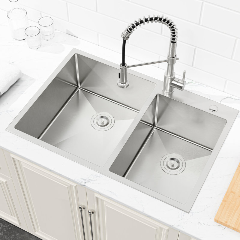 Évier de cuisine en acier inoxydable 33 "x 19" sur comptoir, double cuve, pour un bol moderne avec caractéristiques d'insonorisation et de drainage