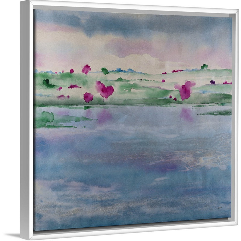 « perle eaux », peinture sur toile, H 13,7 po x l 13,7 po x p 1,75 po, Cadre flottant blanc