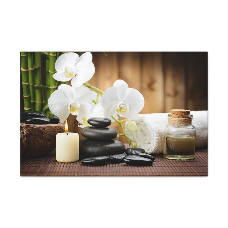 Orchidée blanche et forêt de bambous, art floral sur toile, H 12 po x l 18 po