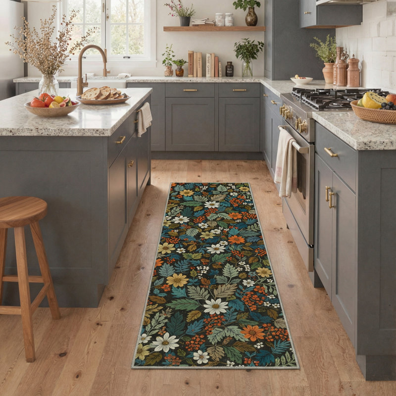 Ammons Edenwood Floral Machine Washable Black / White / Green Indoor Area Rug with Non-Slip Backing, Runner 2'3" x 6'