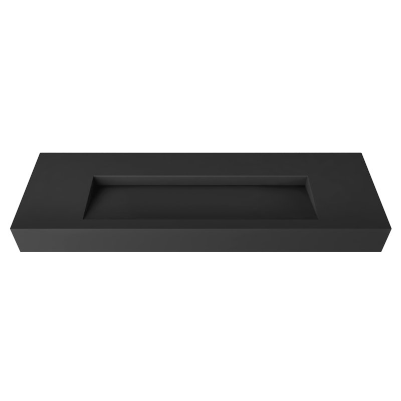 Pyramid 60" Wall Mounted Rectangular Solid Surface Bathroom Trough Sink in Matte Finish - Black, No Faucet Holes, Black