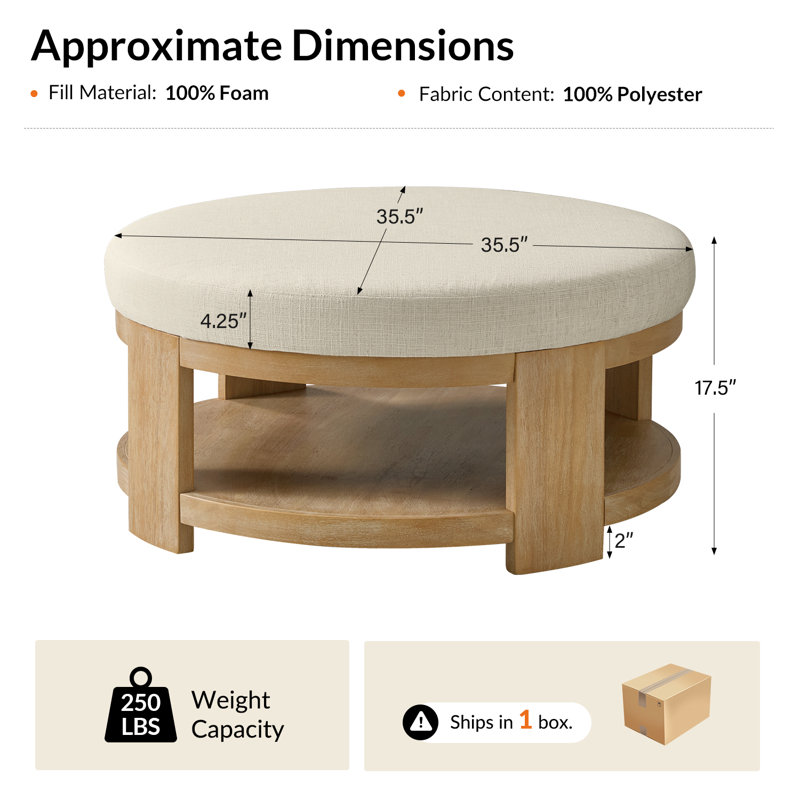 Kat Modern 40" Round Cocktail Ottoman with Solid Wood Legs, Linen