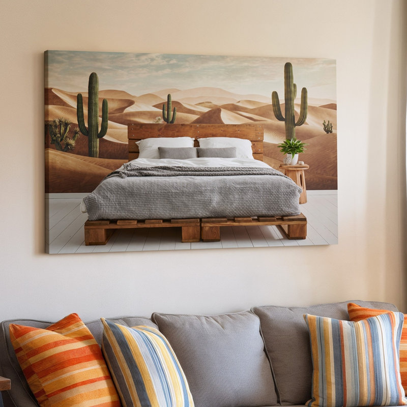 Toile, une scène de chambre à coucher confortable avec un lit d'art mural en bois à palette à profil bas orné d'un ensemble de literie gris texturé doux contre un art mural en toile