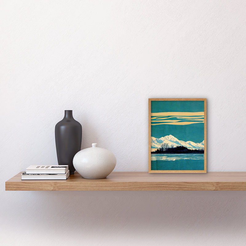 Winter Lakeside Landscape Snowy Mountains - Print, Light Brown Framed Paper, 25.9cm H x 20.6cm W