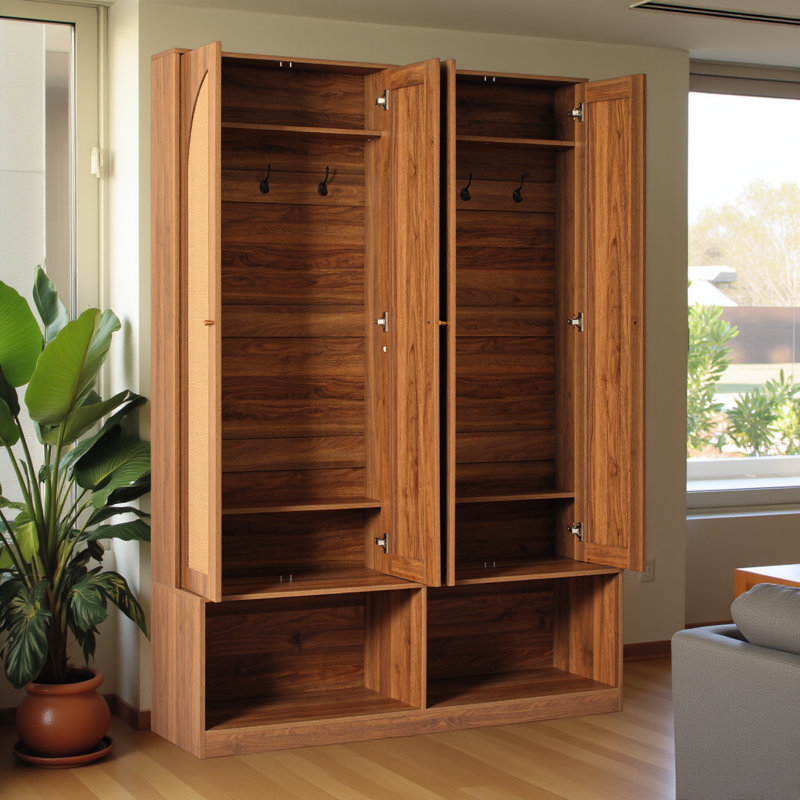 Arbre d'entrée de style campagnard avec 4 portes en rotin, banc polyvalent 4 en 1 avec 6 crochets, armoire à chaussures de style Mid-Century avec tablette