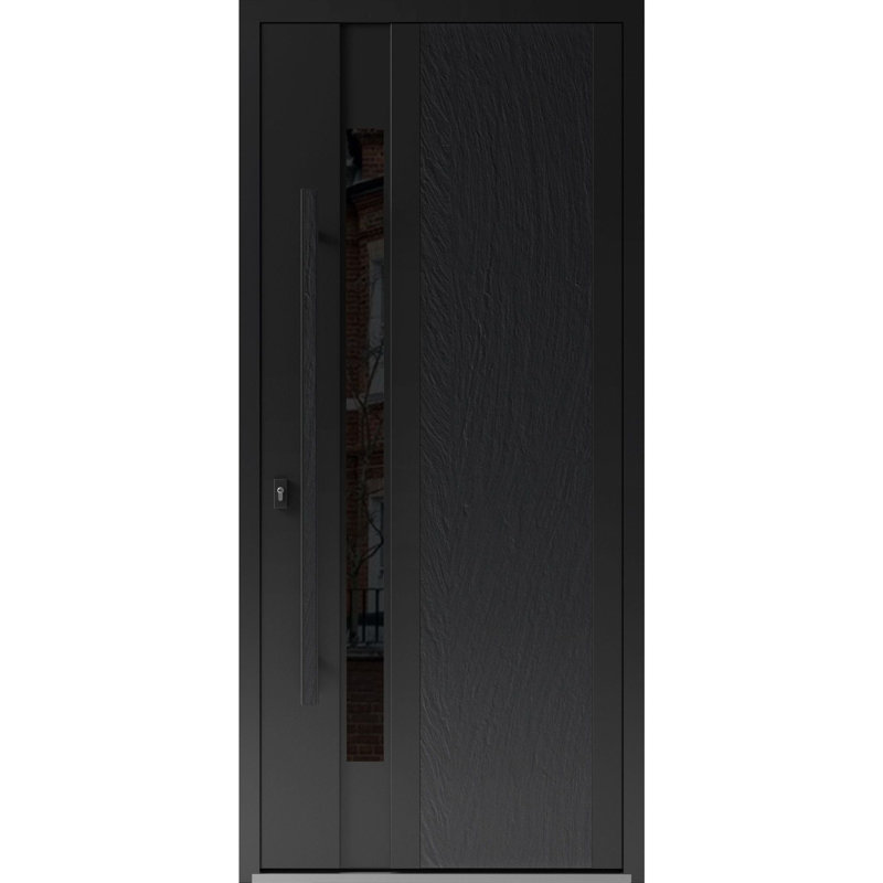 Porte avant en acier pré-suspendue à l'avant / Dekton 0163 Ardesia Nero / Entrée en métal peint moderne l 36 po x H 80 po à droite