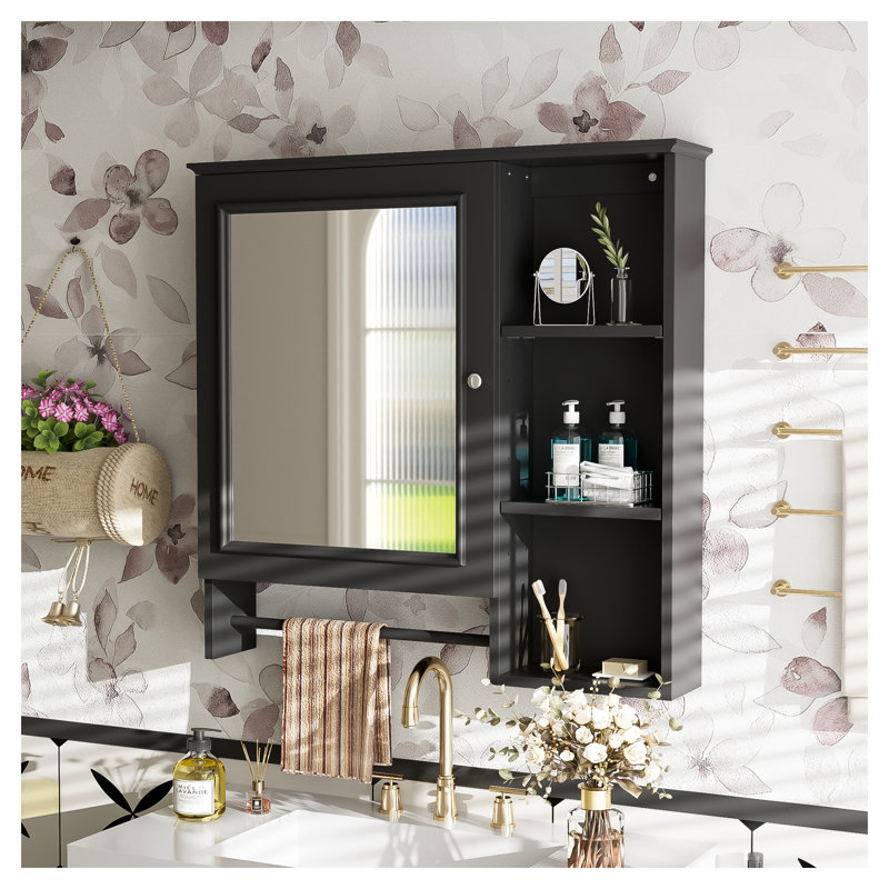 Armoire à pharmacie murale noire avec miroir et tablettes réglables