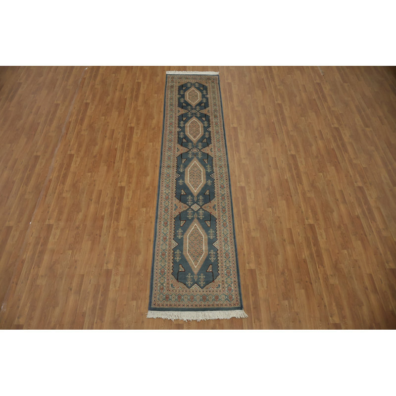 Stylish Blue Diamond Patterned Oriental Runner Rug 3x12