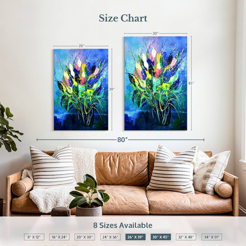 Avery tulipes sur fond bleu, H 39 po x l 26 po