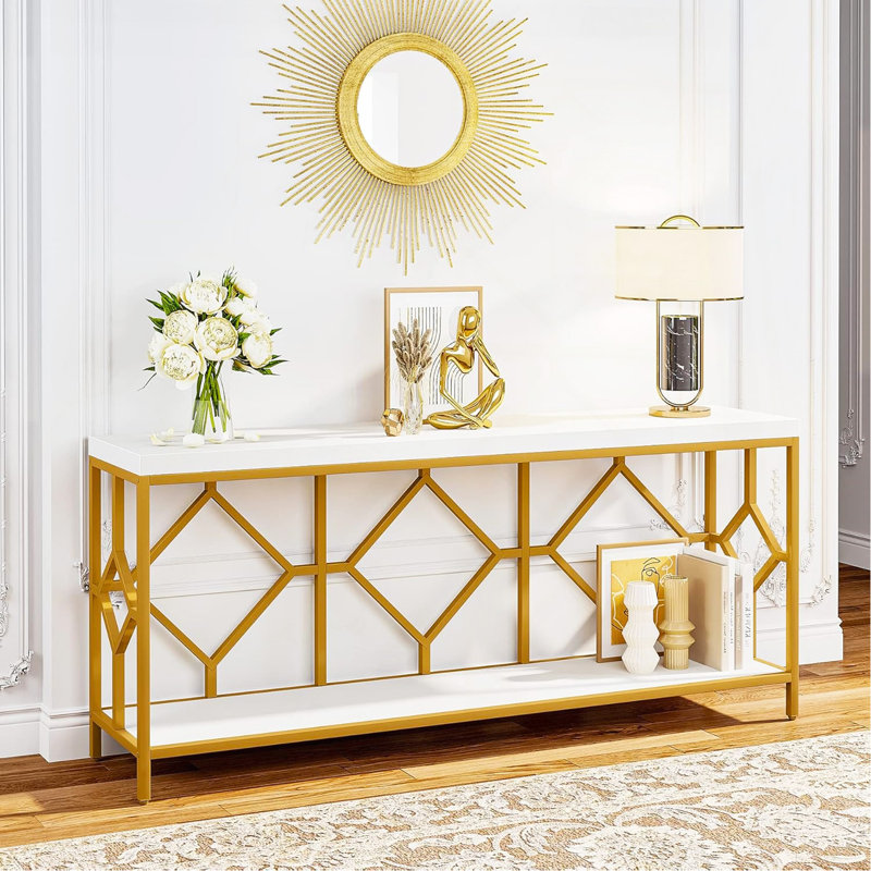 Canapé extra long de 70,9 po, console industrielle étroite derrière le canapé avec structure en métal à motif de losanges, rangement ouvert à 2 niveaux pour le vestibule, salon, blanc et or