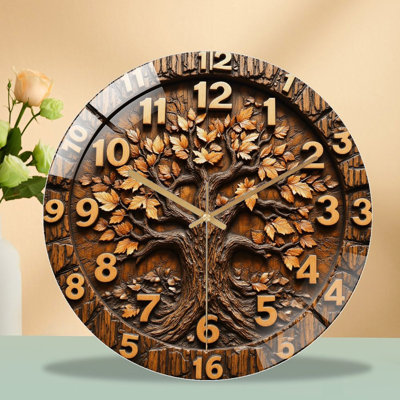 Wooden Tree of Life Wall Clock Carved  Handcrafted Art - 12'' Modern Glass Wall Clock