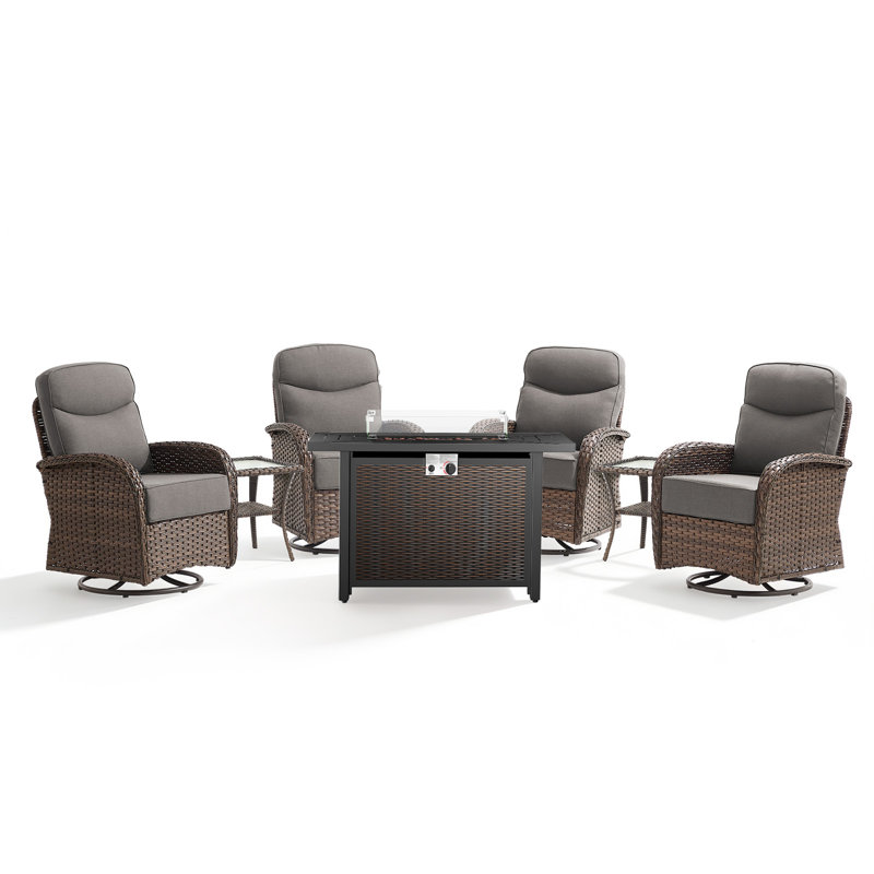 Himonia 4-Person Wicker Patio Rectangle Metal Fire Pit Table Conversation Set With Swivel Gliders And Side Tables, Gray