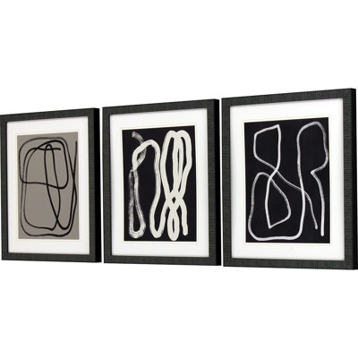 «Naive Lines I» par Gunnarsdottir - Ensemble de 3 peintures simples encadrées