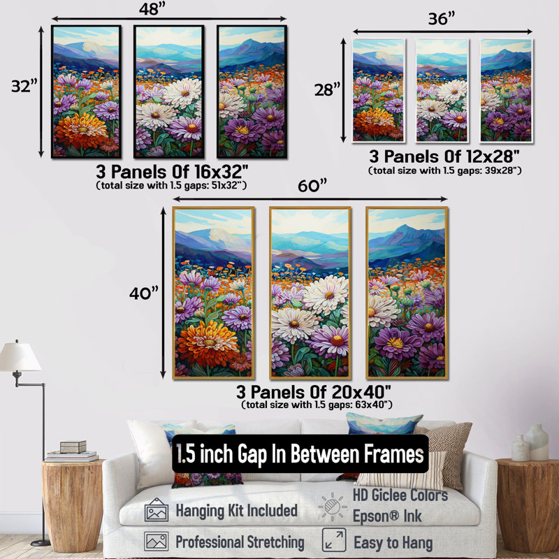 Ensemble de salon Mums Flowers In Mountain Scenery III - Flowers Wall Art, Cadre flottant noir, H 32 po x l 48 po x P 1 po