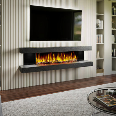 Vegas 72-Inch Wall Mounted Electric Fireplace | Venetian Stone | Fully Assembled | 3-Sided Panoramic Flame | Remote Control | Led Side Lights