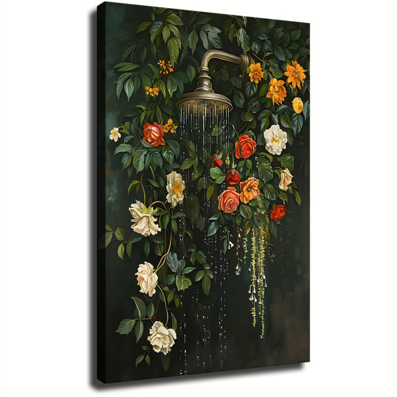 Botanique de salle de bain, peinture murale, salle de bain de douche murale, affiche de fleur de style champêtre