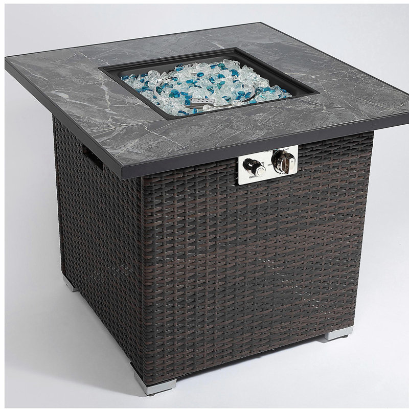 Outdoor Gas Fire Pit Table with Cover, Propane Gas Fire Pit Table with Glass Rock and Rain Cover