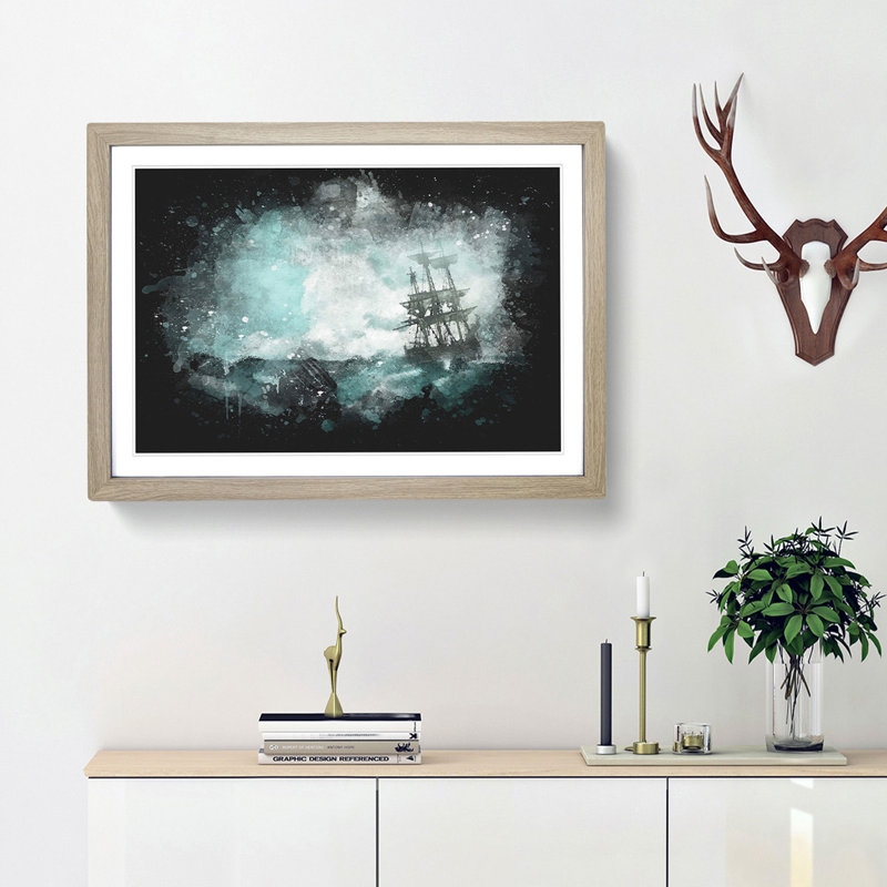 Pirate Ship Sailing Upon A Stormy Sea - Single Picture Frame Print on MDF, 62cm H x 87cm W x 2cm D, Oak Framed