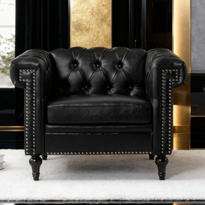 39" Chesterfield 1-Seater PU Leather Sofa with Rolled Arms and Nailhead Trim